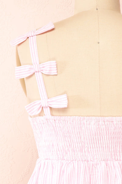 Siva White and Pink Striped Short Dress w/ Bow Straps | Boutique 1861 back close-up
