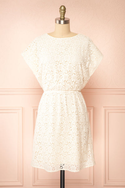Skileta Lace Short Ivory Dress w/ Batwing Sleeve | Boutique 1861 front view