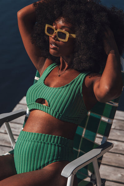 Soiya Green Ribbed Bikini Top | La petite garçonne model front