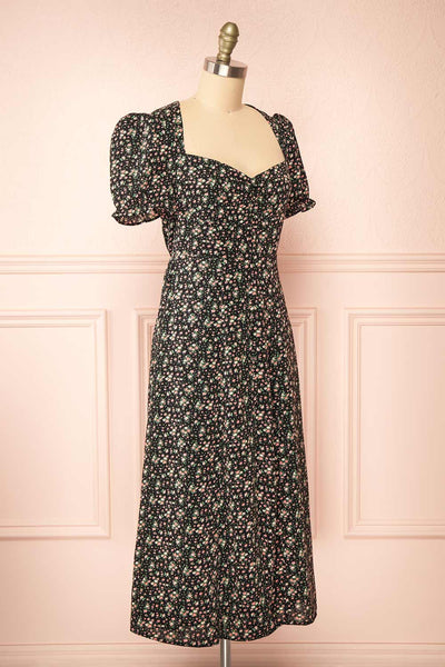 Sokka Black Floral Midi Dress w/ Short Sleeves | Boutique 1861 side view