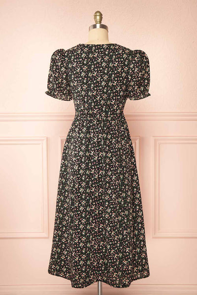 Sokka Black Floral Midi Dress w/ Short Sleeves | Boutique 1861 back view