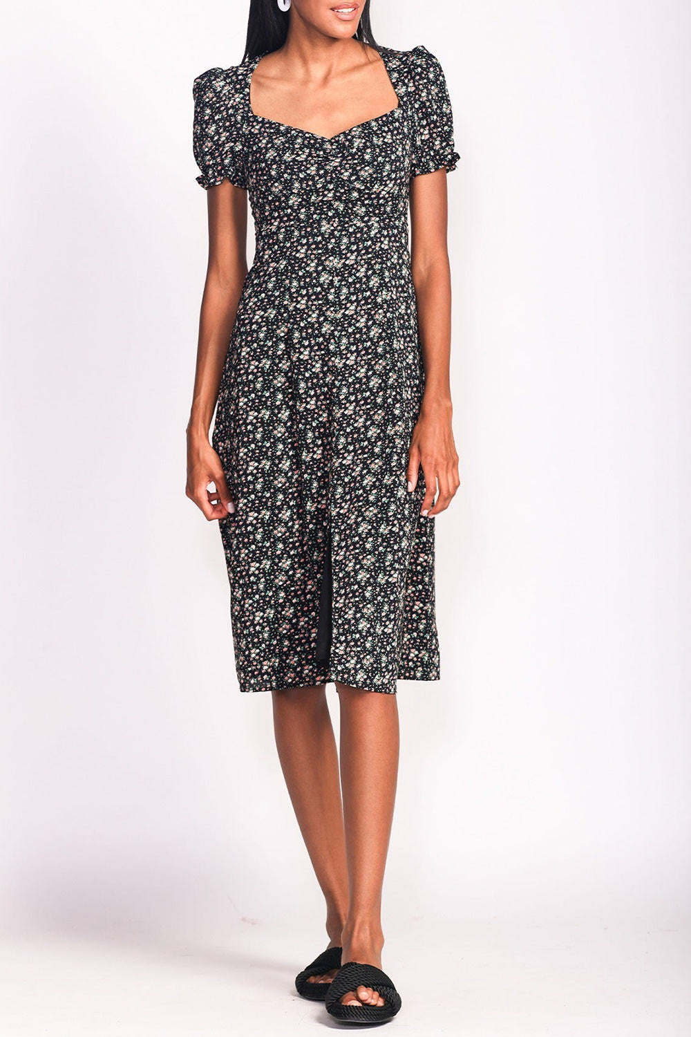 Sokka Black Floral Midi Dress w/ Short Sleeves | Boutique 1861 model