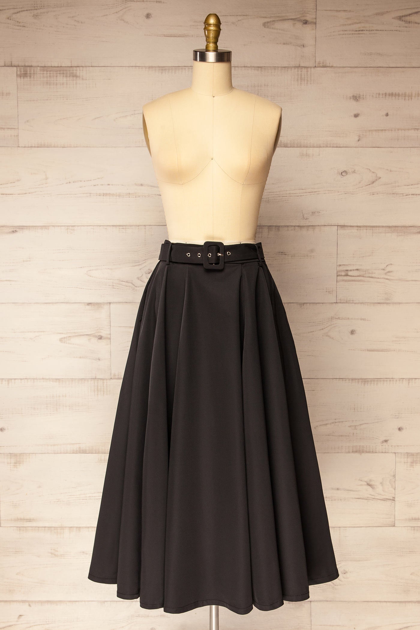 Frontview Solara Black A-Line Maxi Skirt with Belt and Pockets at la petite garçonne