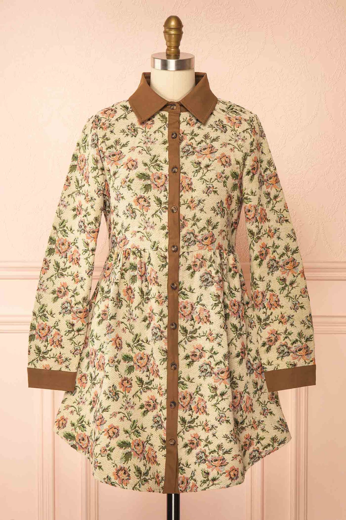 front view of Solima Floral Jacquard Button-Front Short Dress with Pockets at Boutique 1861