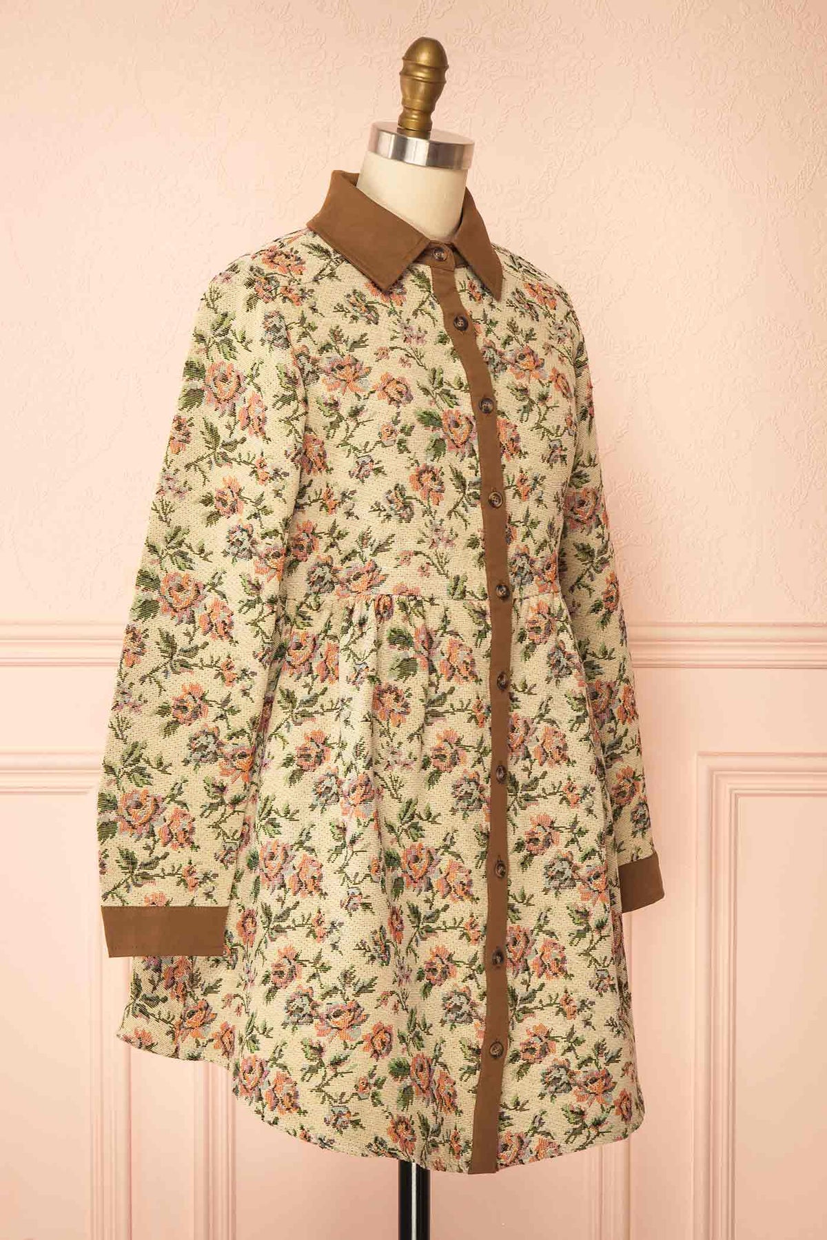 side view of Solima Floral Jacquard Button-Front Short Dress with Pockets at Boutique 1861