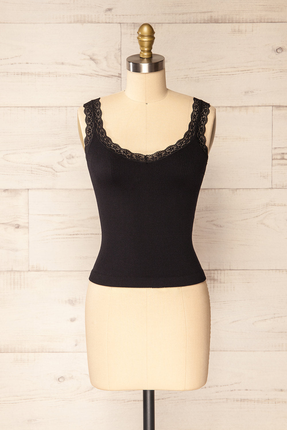 Somensac Black Ribbed Camisole w/ Lace Trim | Boutique 1861 front view