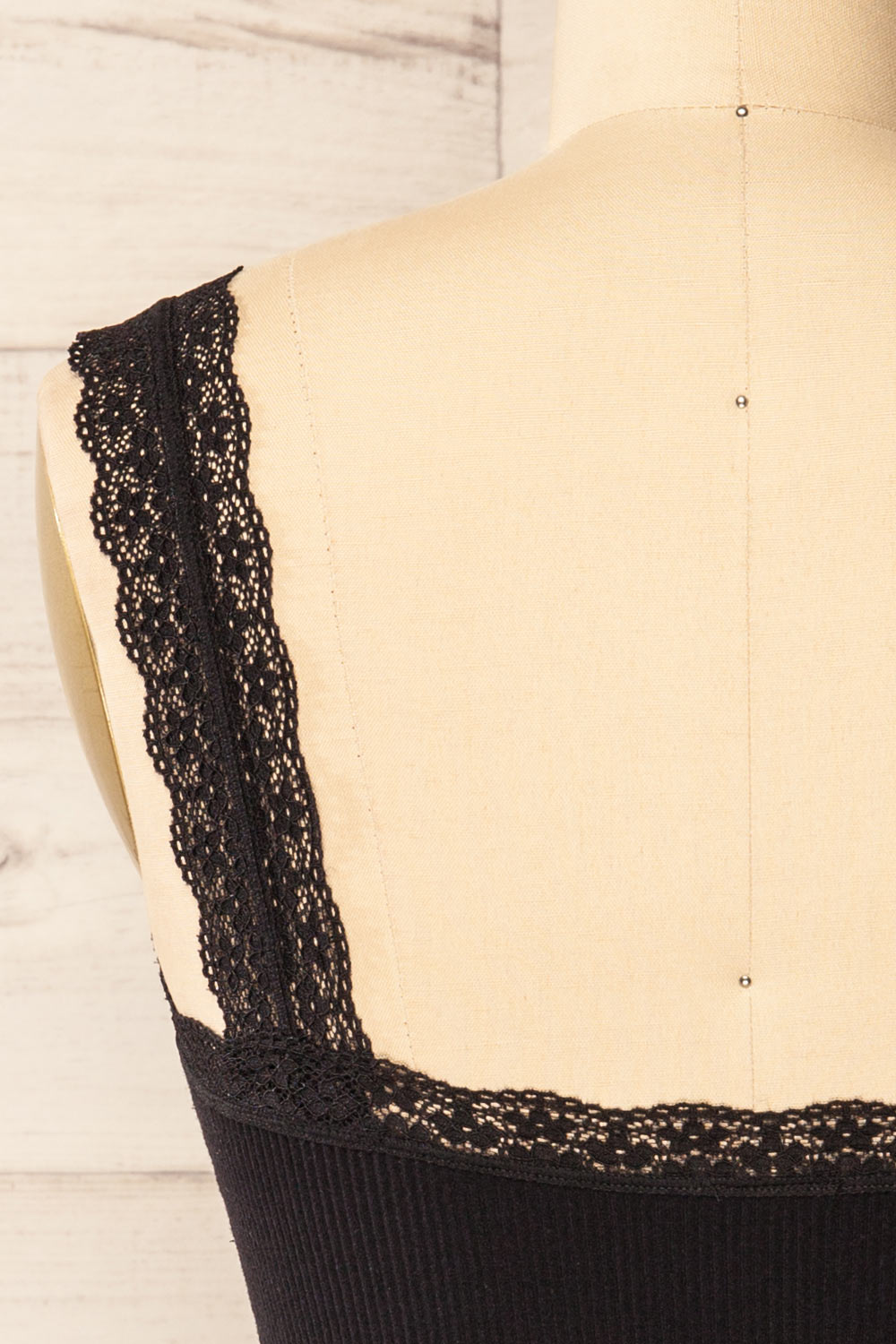 Somensac Black Ribbed Camisole w/ Lace Trim | Boutique 1861 back close-up