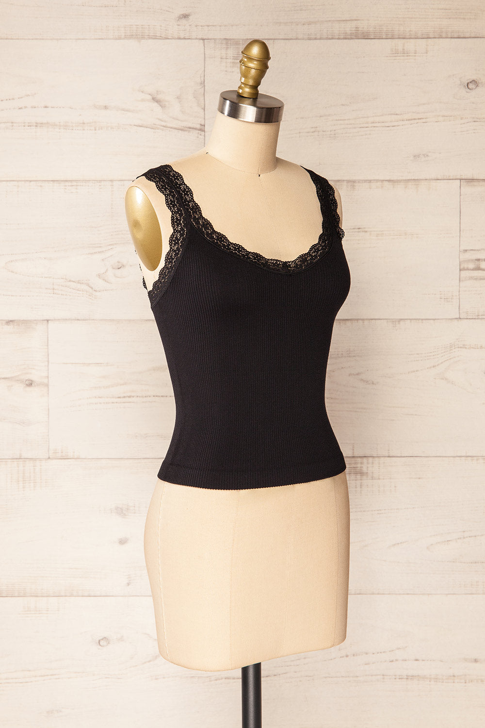 Somensac Black Ribbed Camisole w/ Lace Trim | Boutique 1861 side view