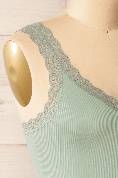 Somensac Sage Ribbed Camisole w/ Lace Trim | Boutique 1861 side close-up
