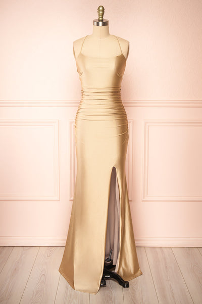 Sonia Champagne Backless Mermaid Maxi Dress w/ Slit | Boutique 1861 front view