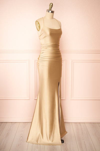 Sonia Champagne Backless Mermaid Maxi Dress w/ Slit | Boutique 1861 side view