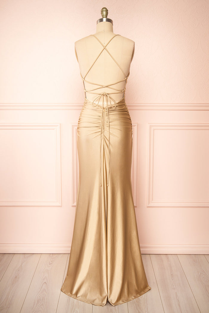 Sonia Champagne Backless Mermaid Maxi Dress w/ Slit | Boutique 1861