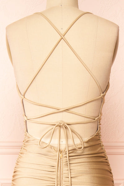 Sonia Champagne Backless Mermaid Maxi Dress w/ Slit | Boutique 1861 back close-up
