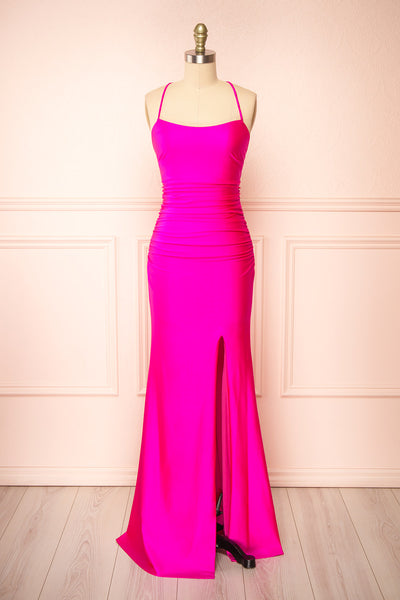Sonia Fuchsia Backless Mermaid Maxi Dress w/ Slit | Boutique 1861 front view