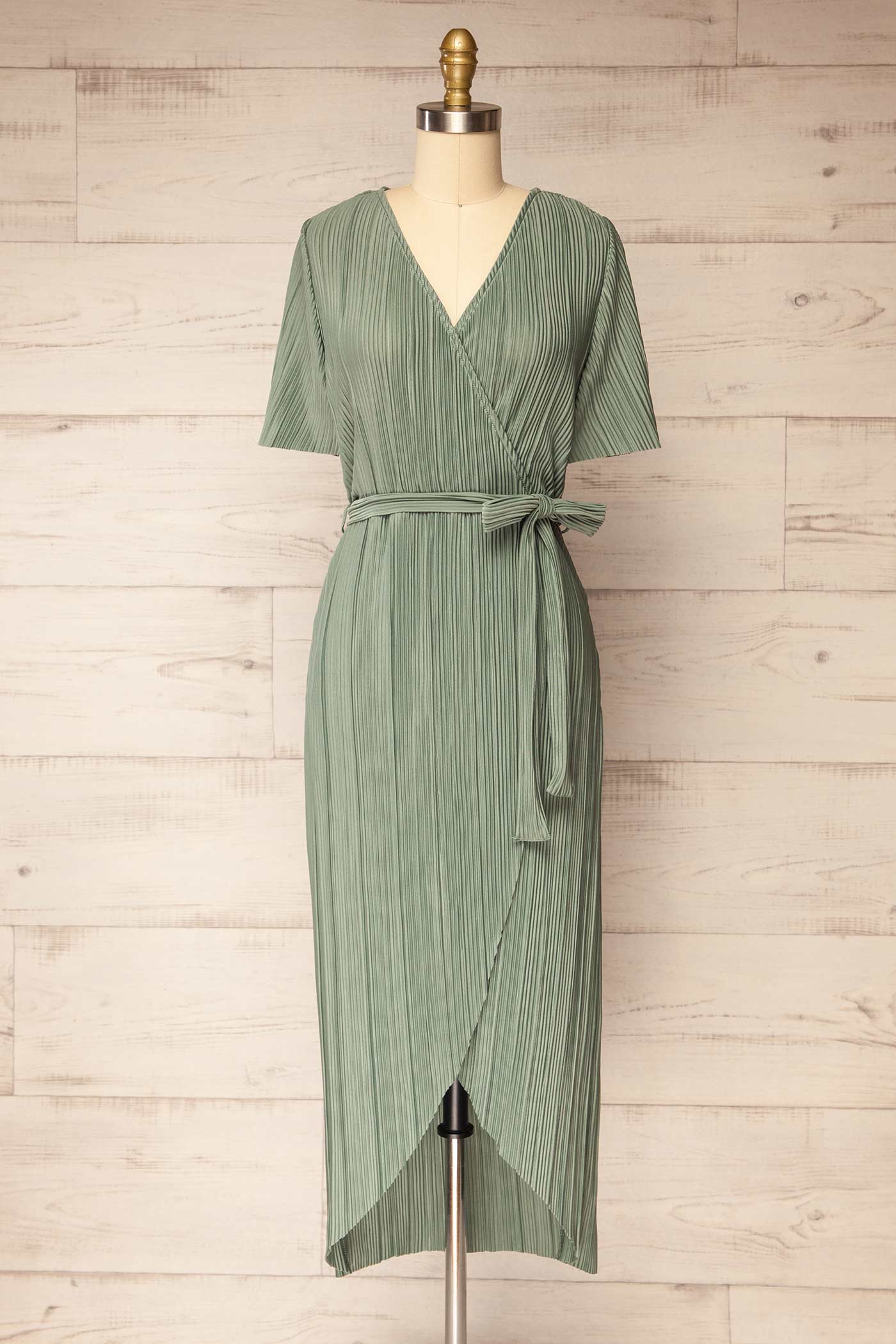 Sonipat | Green Plissé Flutter Sleeve Wrap Midi Dress with Belt