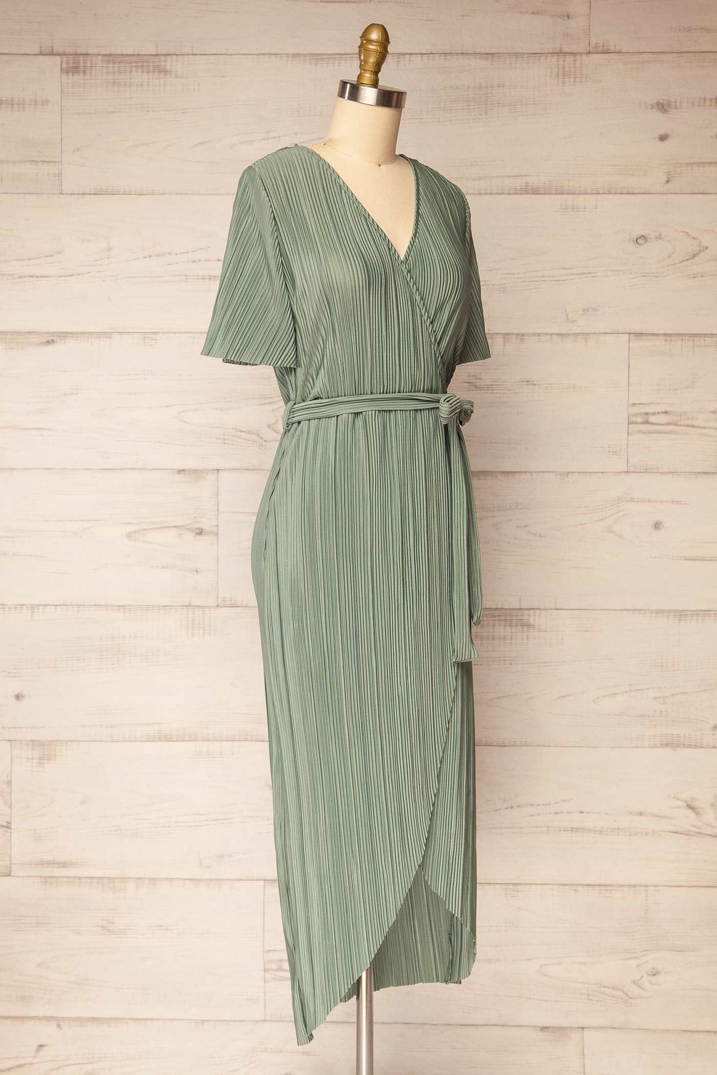 Sonipat | Green Plissé Flutter Sleeve Wrap Midi Dress with Belt