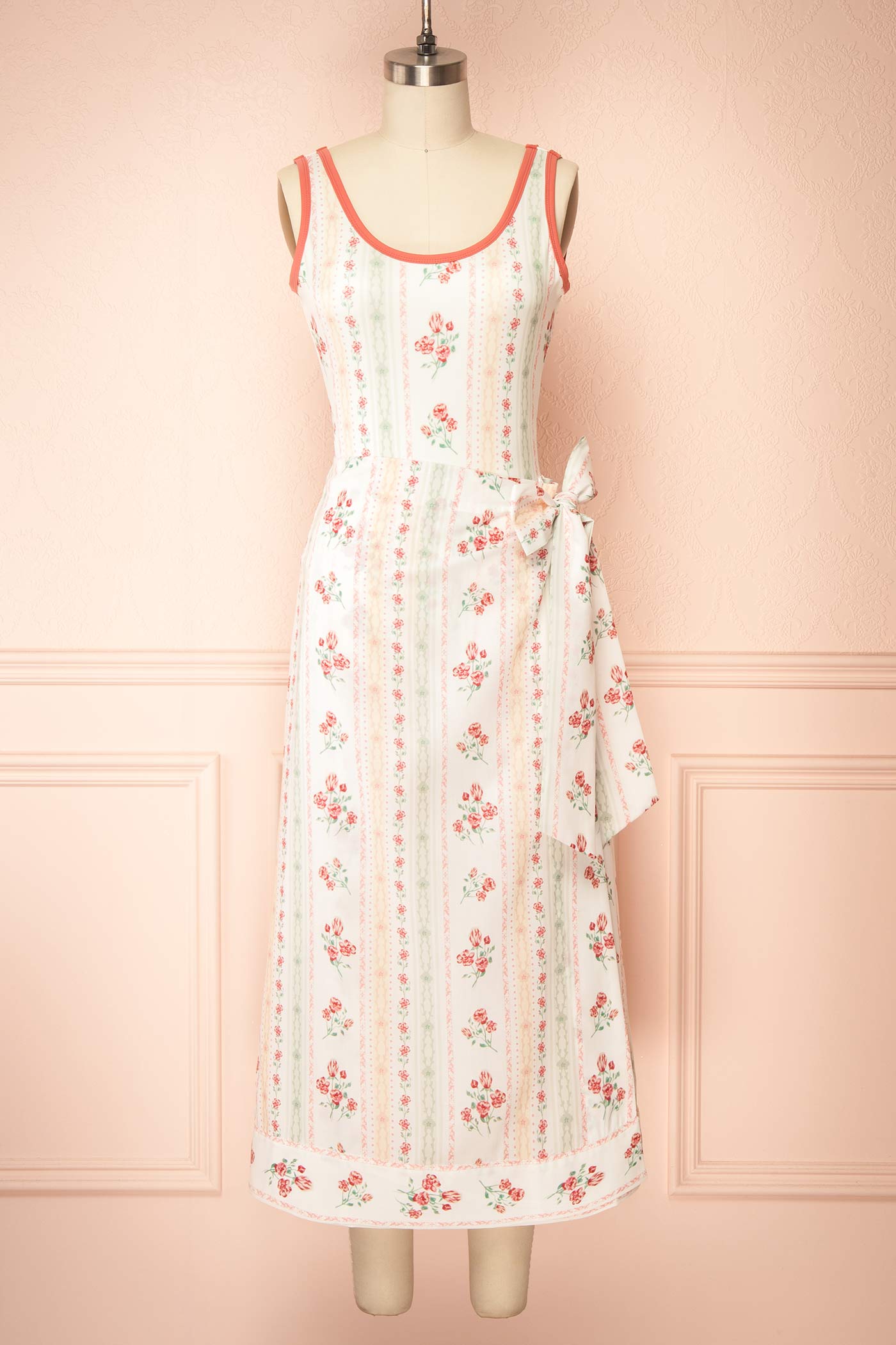 Front view Soobin Floral Print Swimsuit and Wrap Midi Skirt Set at boutique 1861