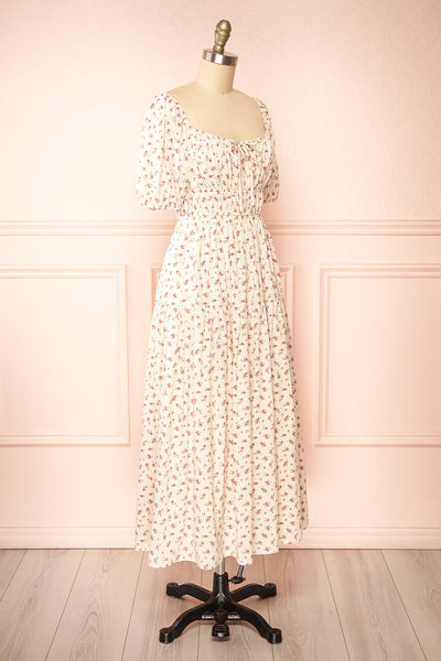 Soraya Beige Maxi Dress w/ Pink Floral Pattern | Boutique 1861  side view