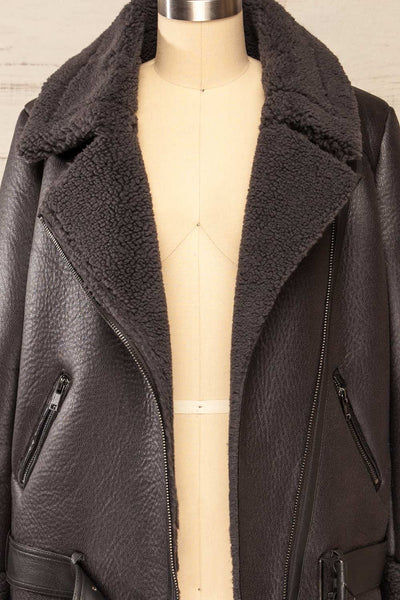 Sorong Grey Faux Leather Coat w/ Sherpa Lining | La petite garçonne close up open