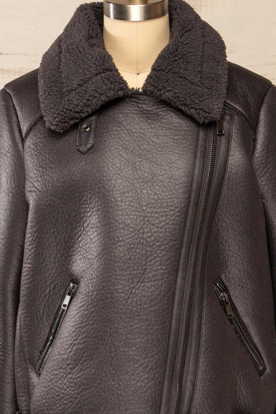 Sorong Grey Faux Leather Coat w/ Sherpa Lining | La petite garçonne front close-up