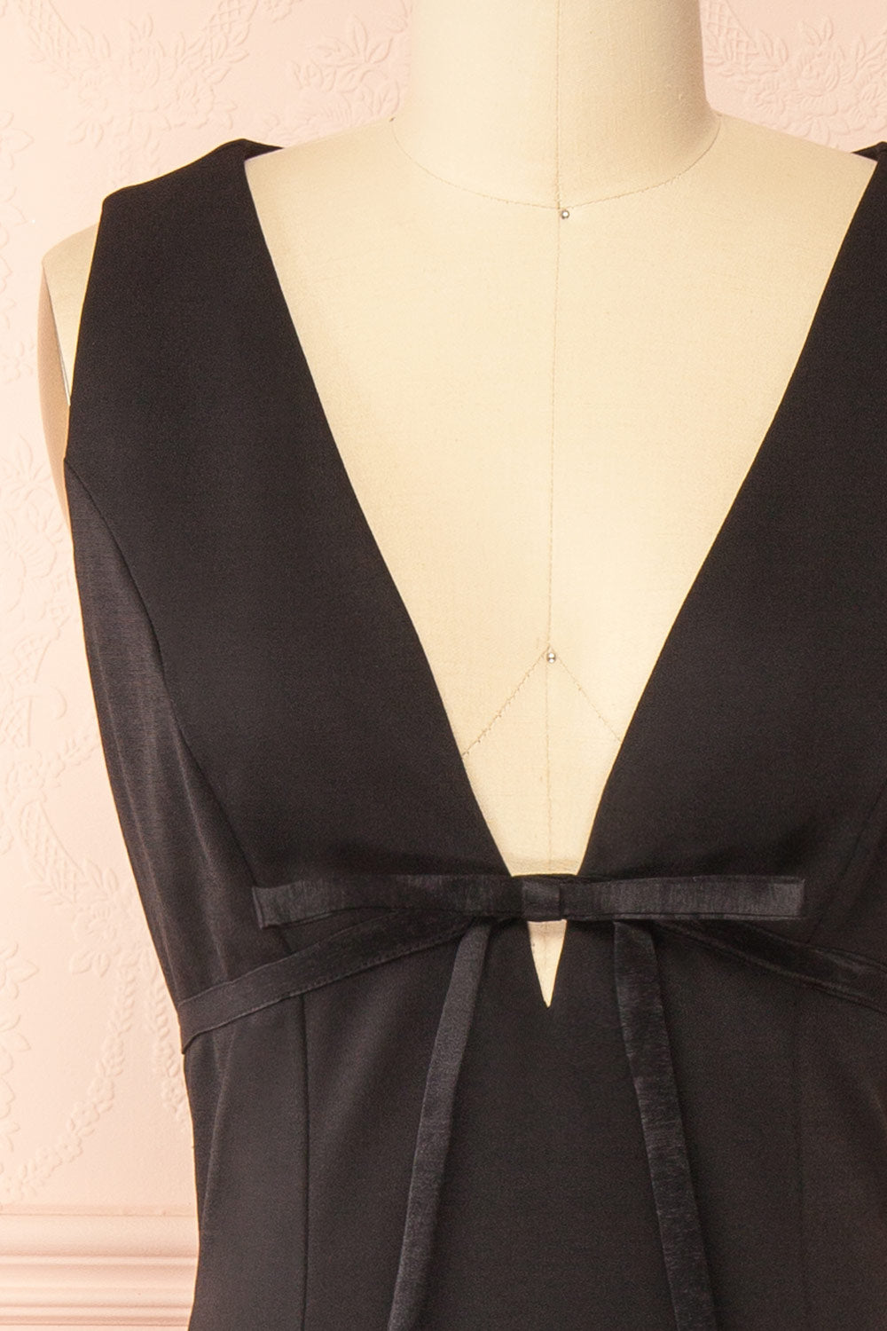 Soukaina Black V Neck Midi Dress with Bow Detail and Ruffle Hem | Boutique 1861 front