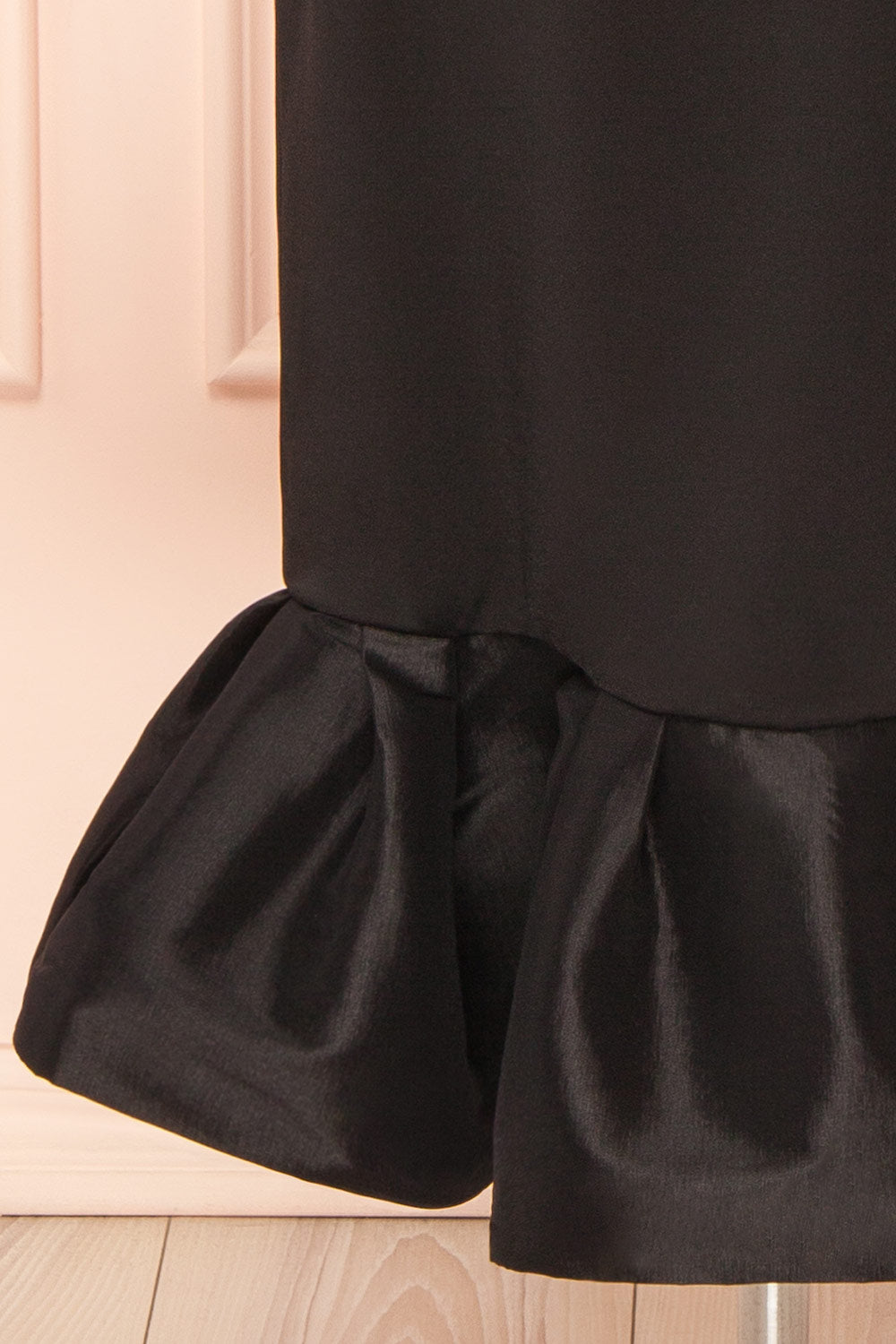 Soukaina Black V Neck Midi Dress with Bow Detail and Ruffle Hem | Boutique 1861 bottom