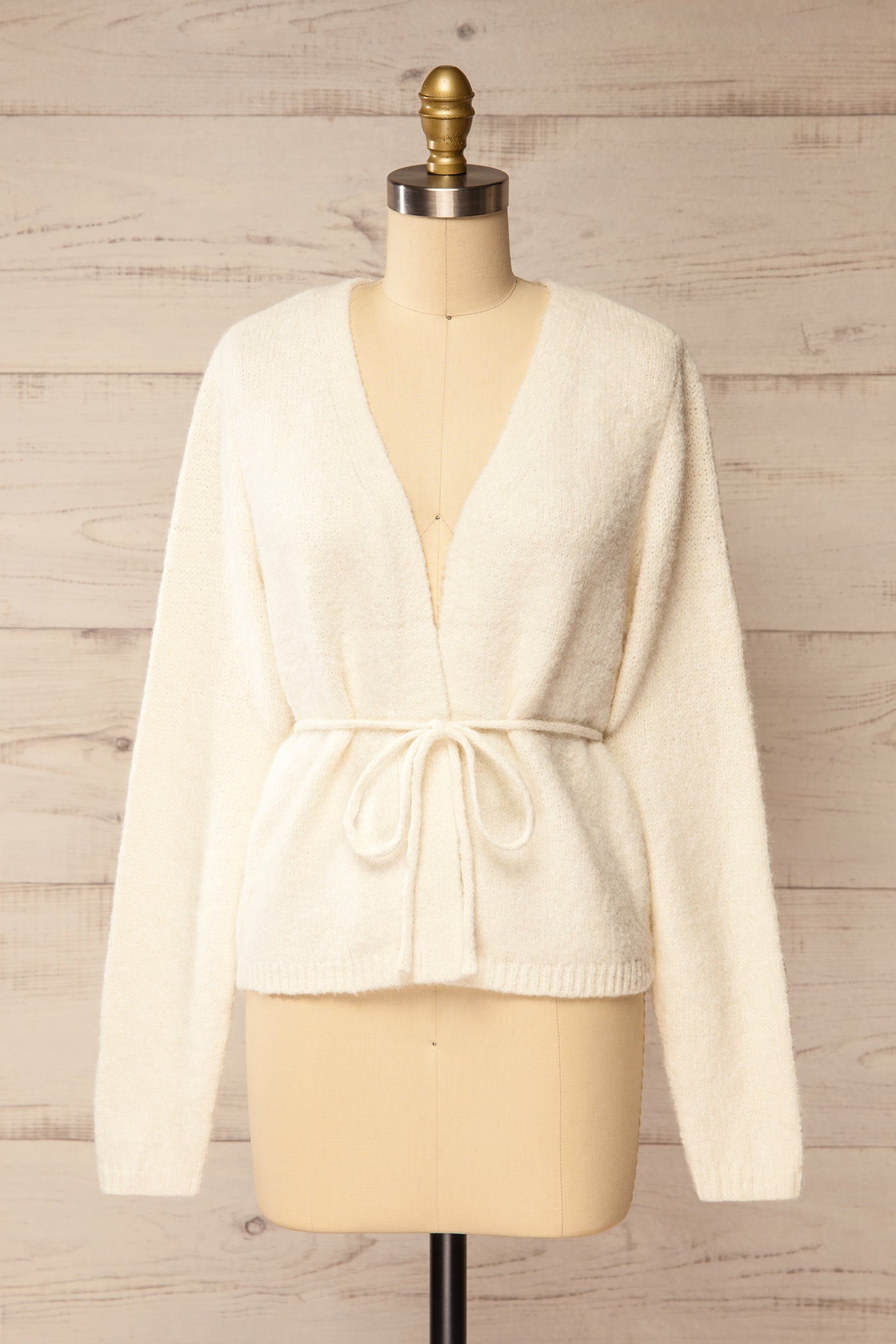 front view of Sovo Ivory Soft Knit Tie-Waist Wrap Cardigan at La petite garçonne