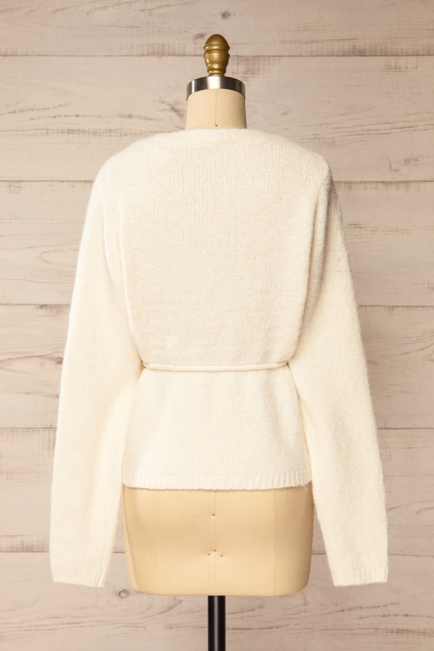 back view of Sovo Ivory Soft Knit Tie-Waist Wrap Cardigan at La petite garçonne