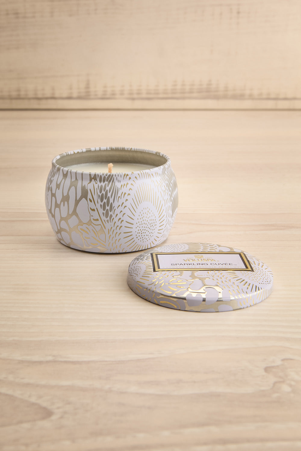 Sparkling Cuvée Mini Tin Candle by Voluspa | Maison garçonne open view