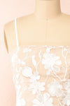 Stacia Short White Mesh Dress w/ Floral Appliqués | Boudoir 1861 front close-up