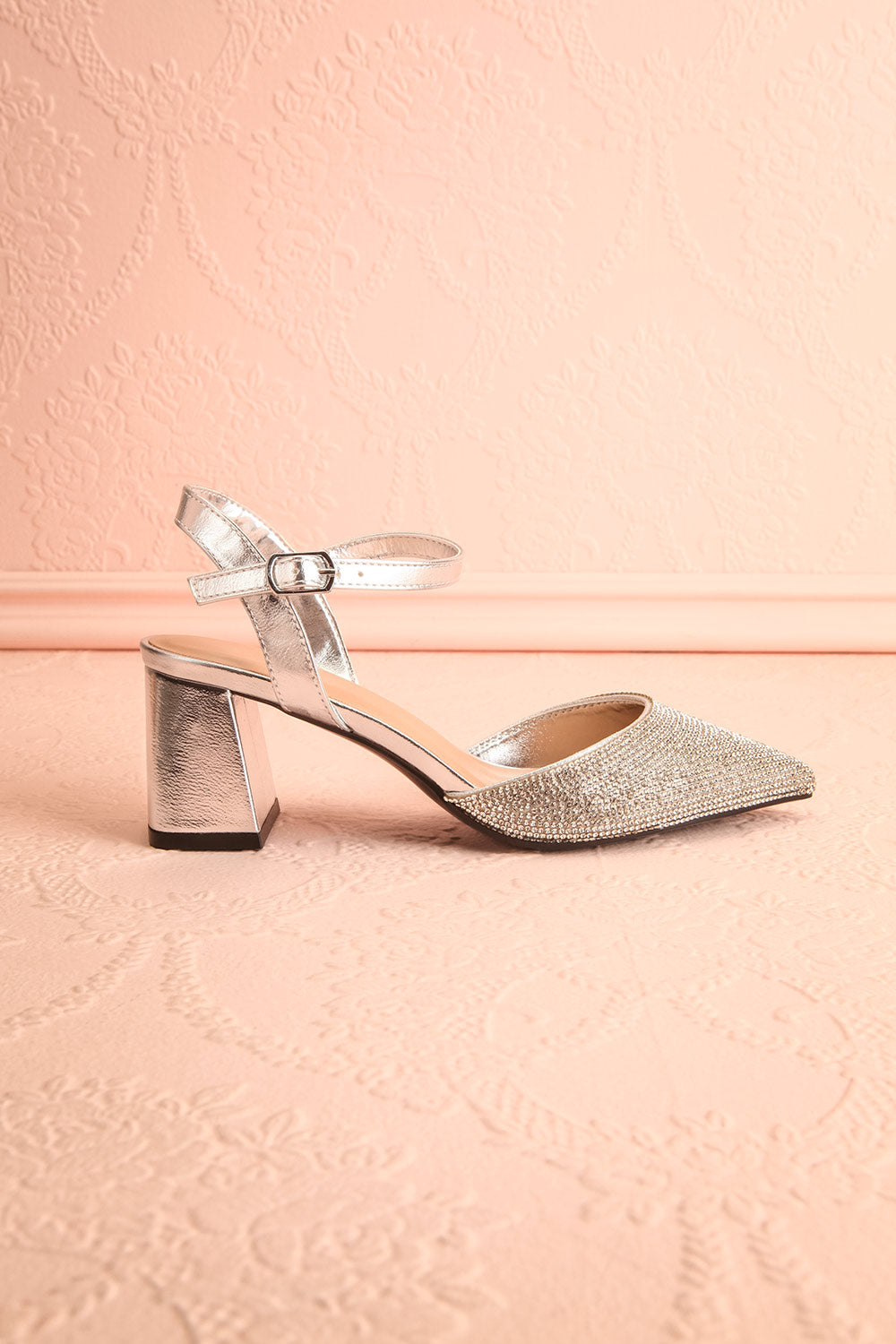 Starlight Silver Pointed Toe Heels w/ Crystals | Boutique 1861 side view