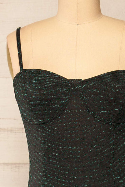 Suai Green Fitted Midi Dress w/ Back Slit | La petite garçonne front close-up