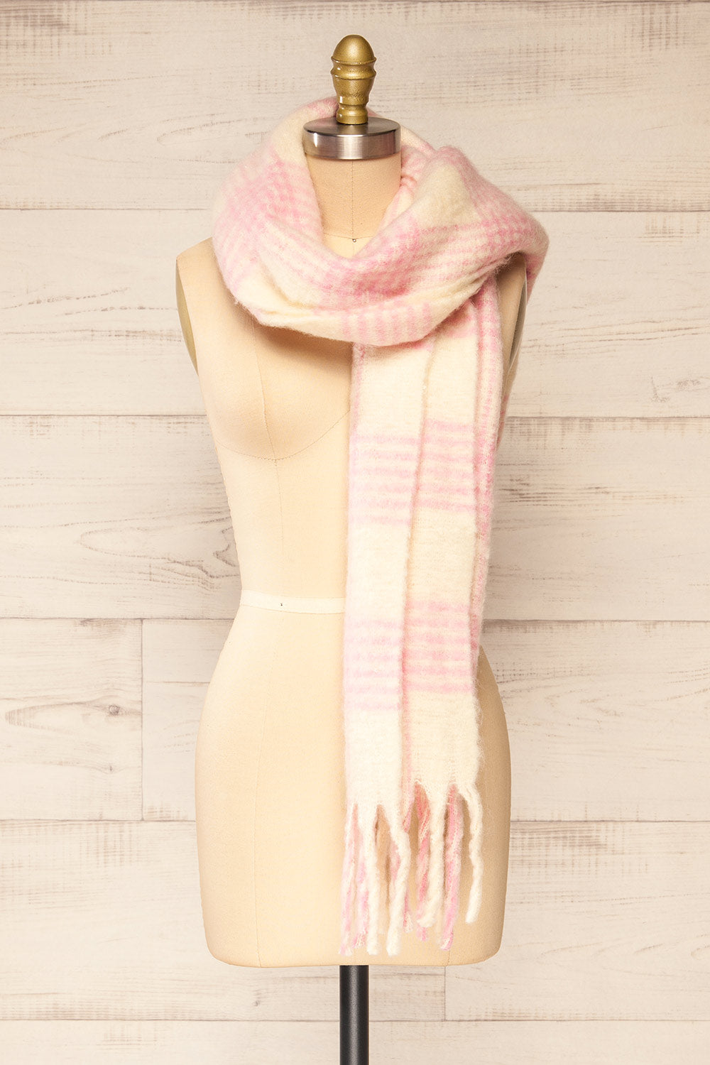 Suleja Pink Plaid Soft Knit Scarf | La petite garçonne side view 