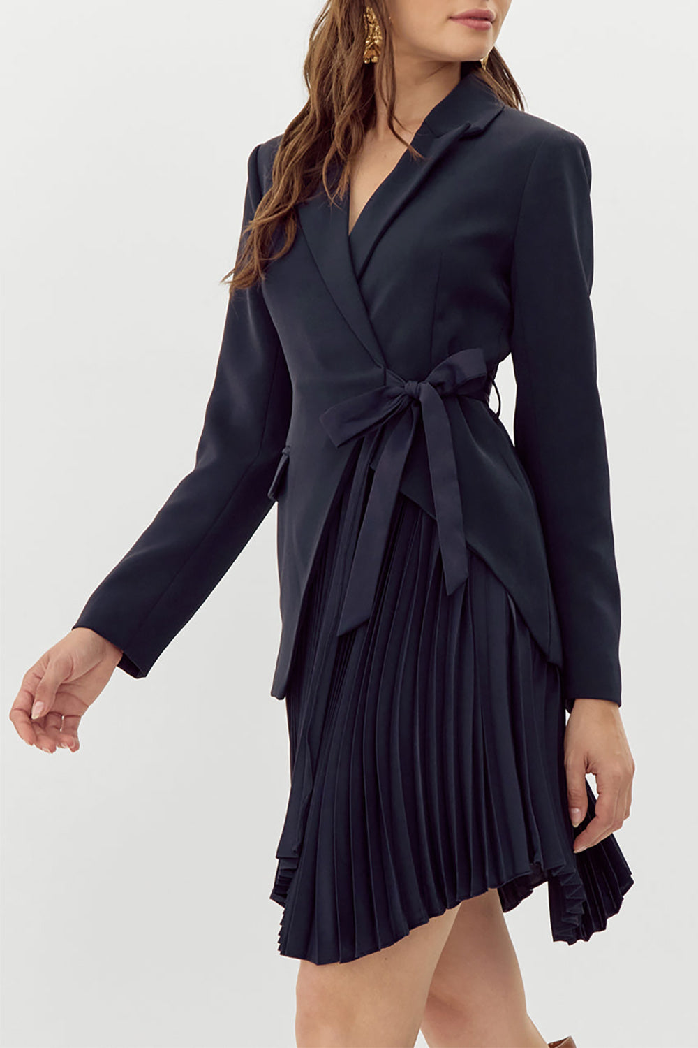 Surrey Asymmetrical Navy Pleated Blazer Dress | La petite garçonne on model 