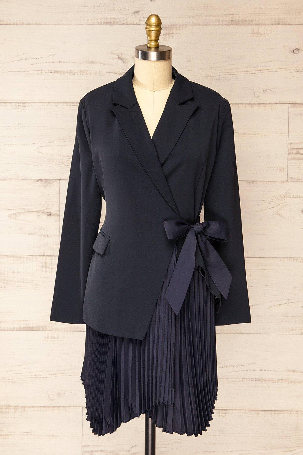 Surrey Asymmetrical Navy Pleated Blazer Dress | La petite garçonne front view