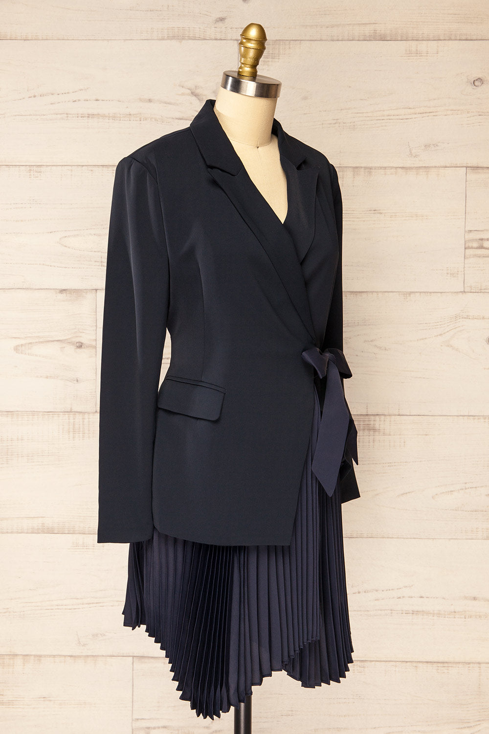 Surrey Asymmetrical Navy Pleated Blazer Dress | La petite garçonne side view