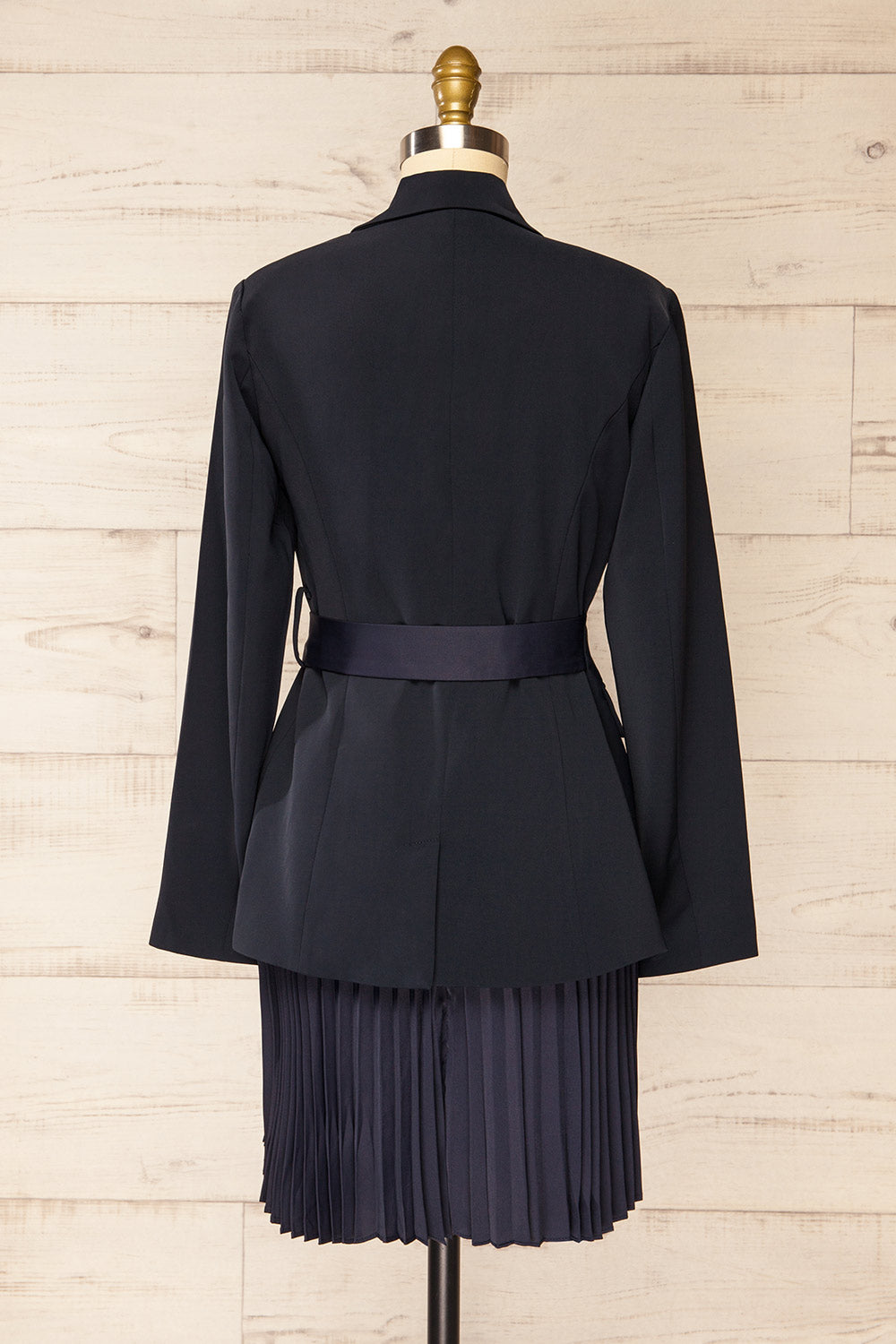 Surrey Asymmetrical Navy Pleated Blazer Dress | La petite garçonne back view