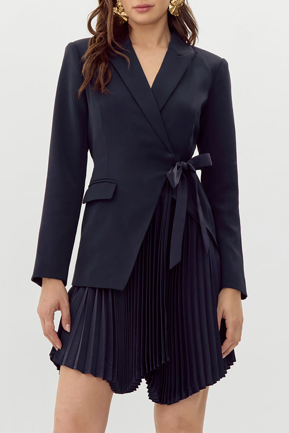 Surrey Asymmetrical Navy Pleated Blazer Dress | La petite garçonne model