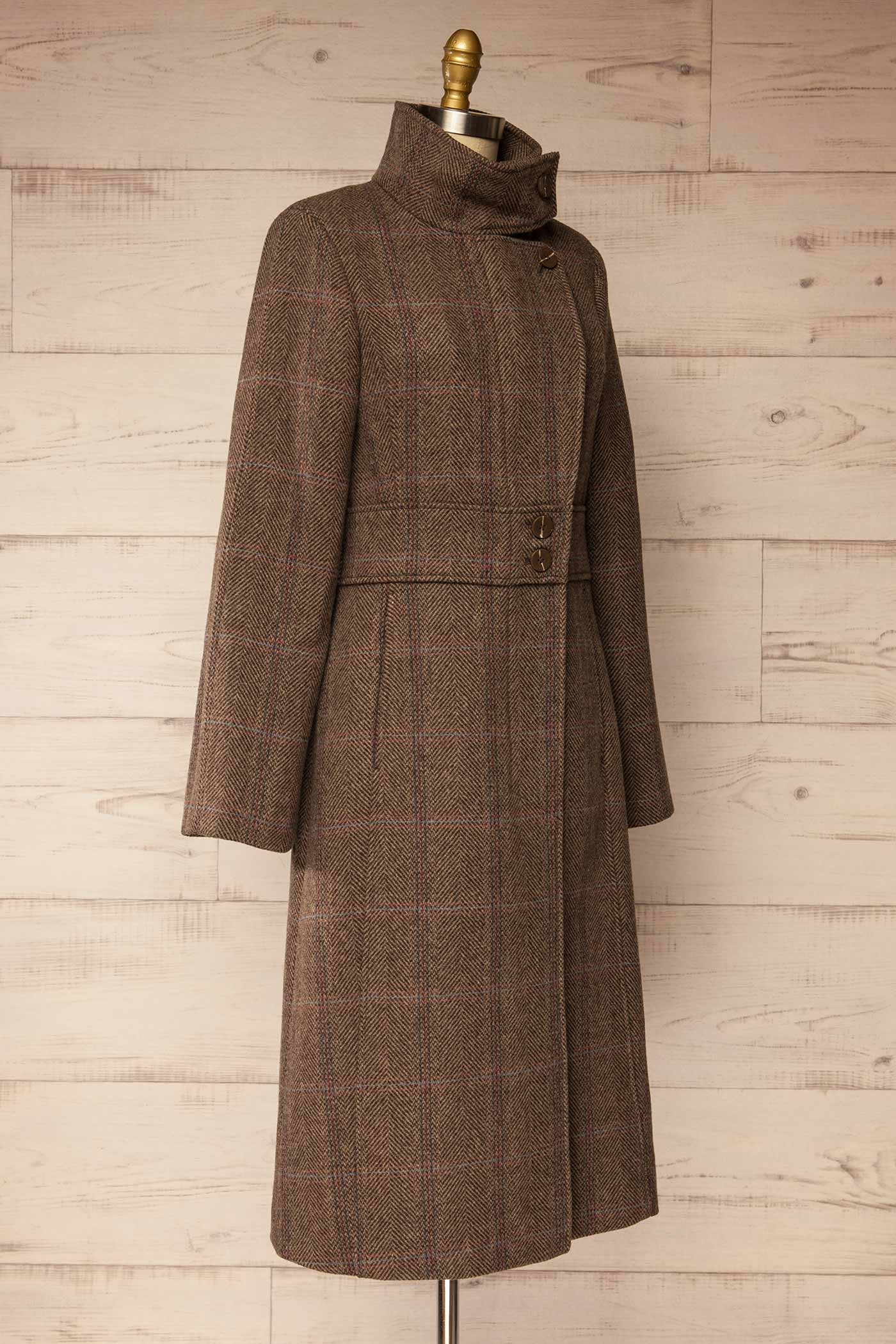 side view of Suzane Long Cross-Hatch Pattern Coat with Pockets at La petite garçonne