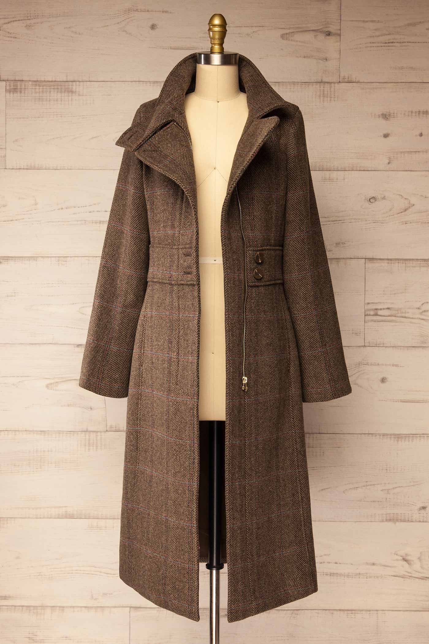 open view of Suzane Long Cross-Hatch Pattern Coat with Pockets at La petite garçonne