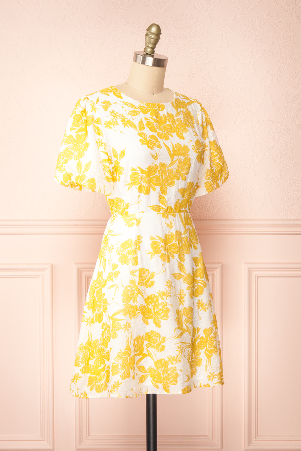 Swan Short Yellow Floral Dress w/ Open Back | Boutique 1861 side view