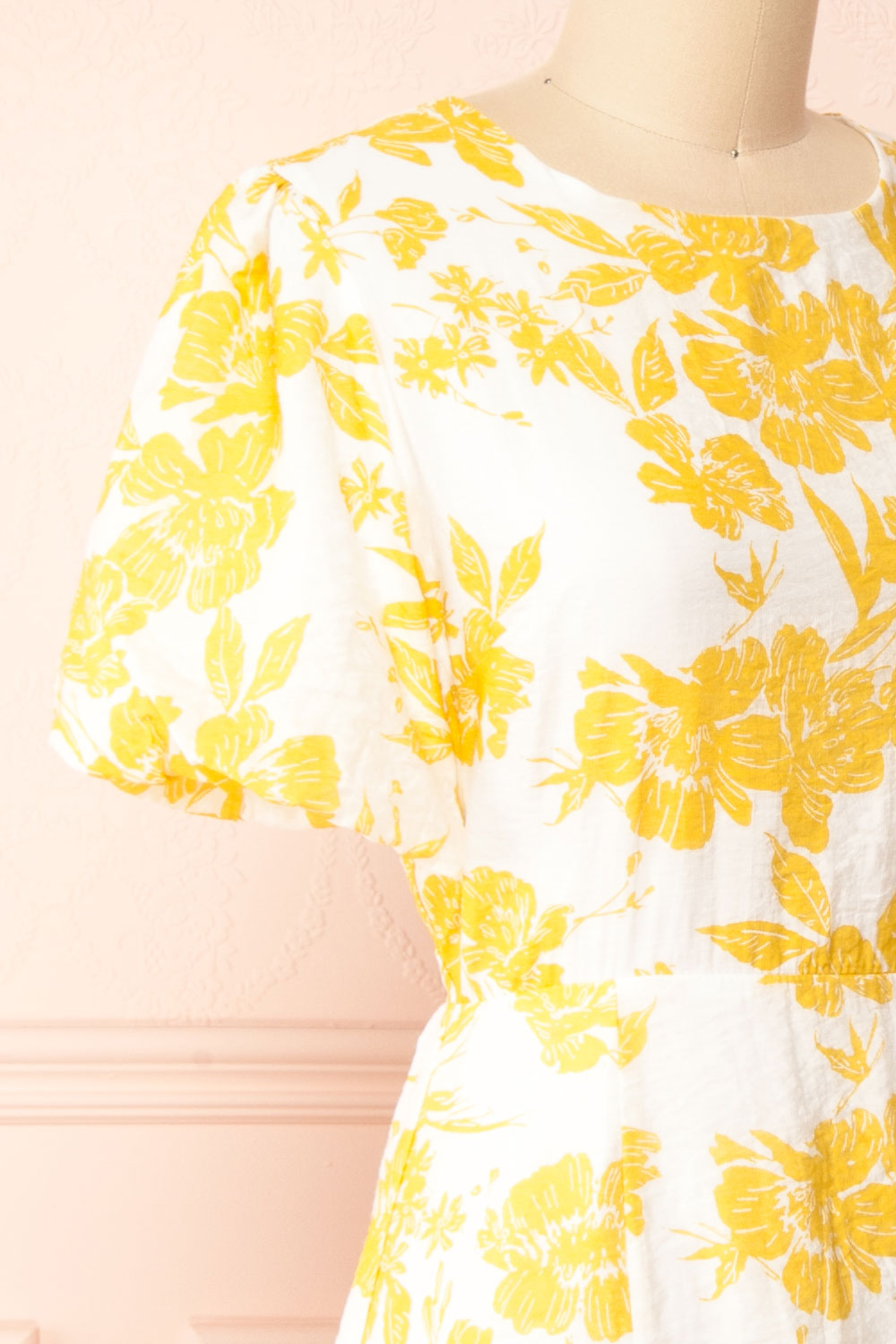 Swan Short Yellow Floral Dress w/ Open Back | Boutique 1861 side close-up