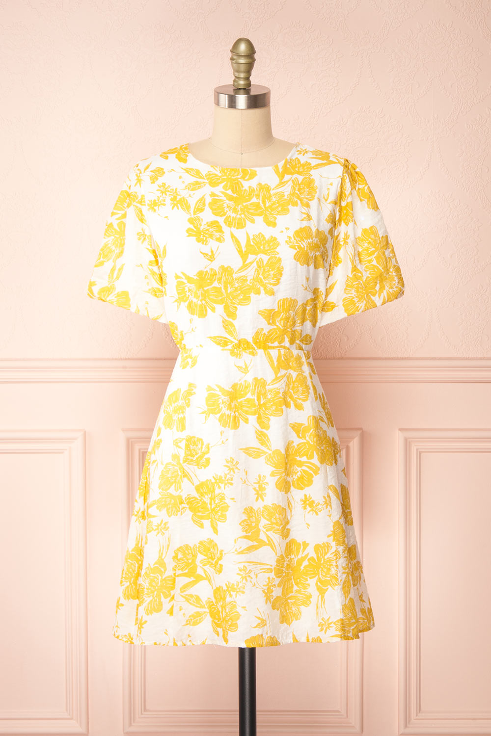 Swan Short Yellow Floral Dress w/ Open Back | Boutique 1861 front view
