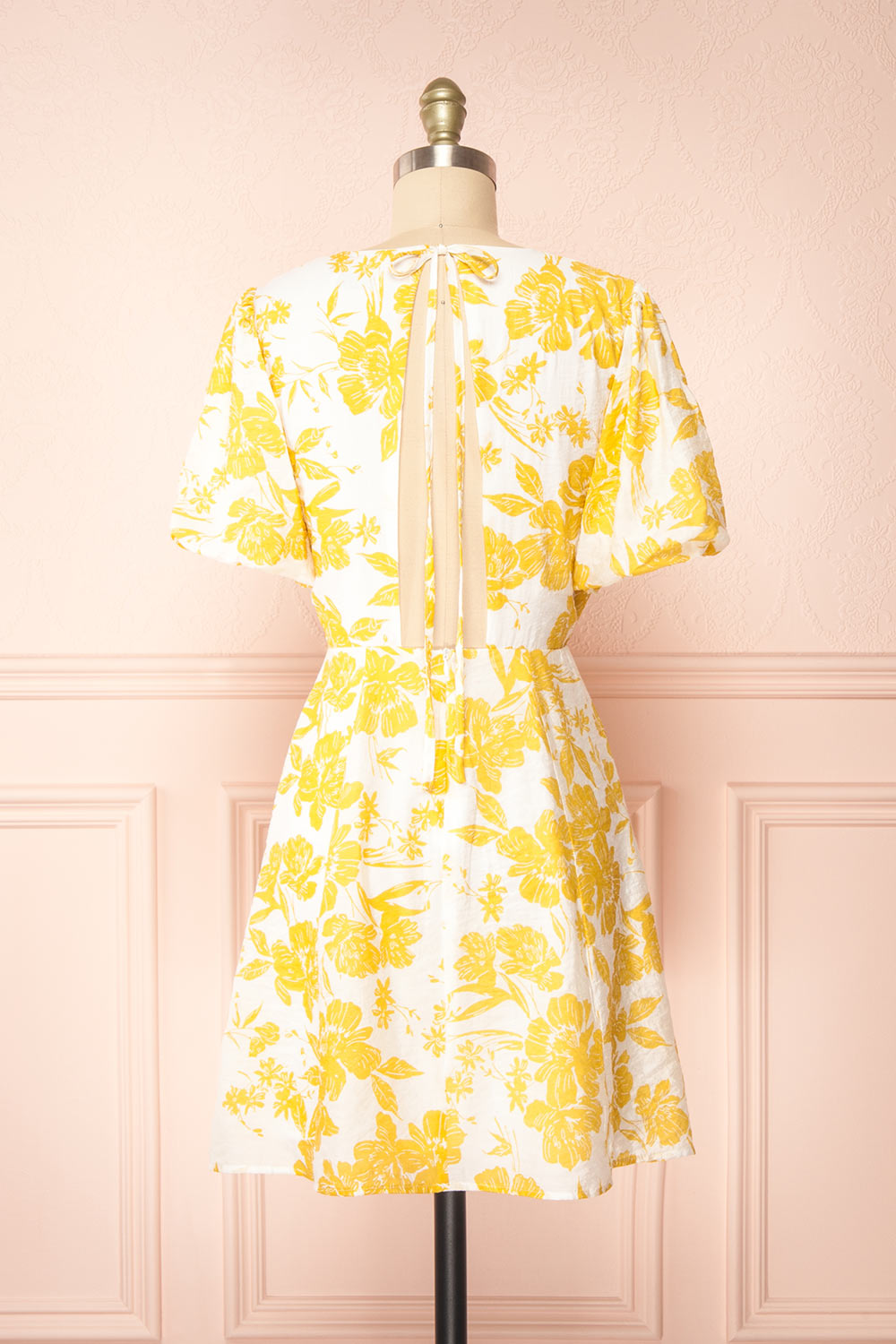 Swan Short Yellow Floral Dress w/ Open Back | Boutique 1861 back view