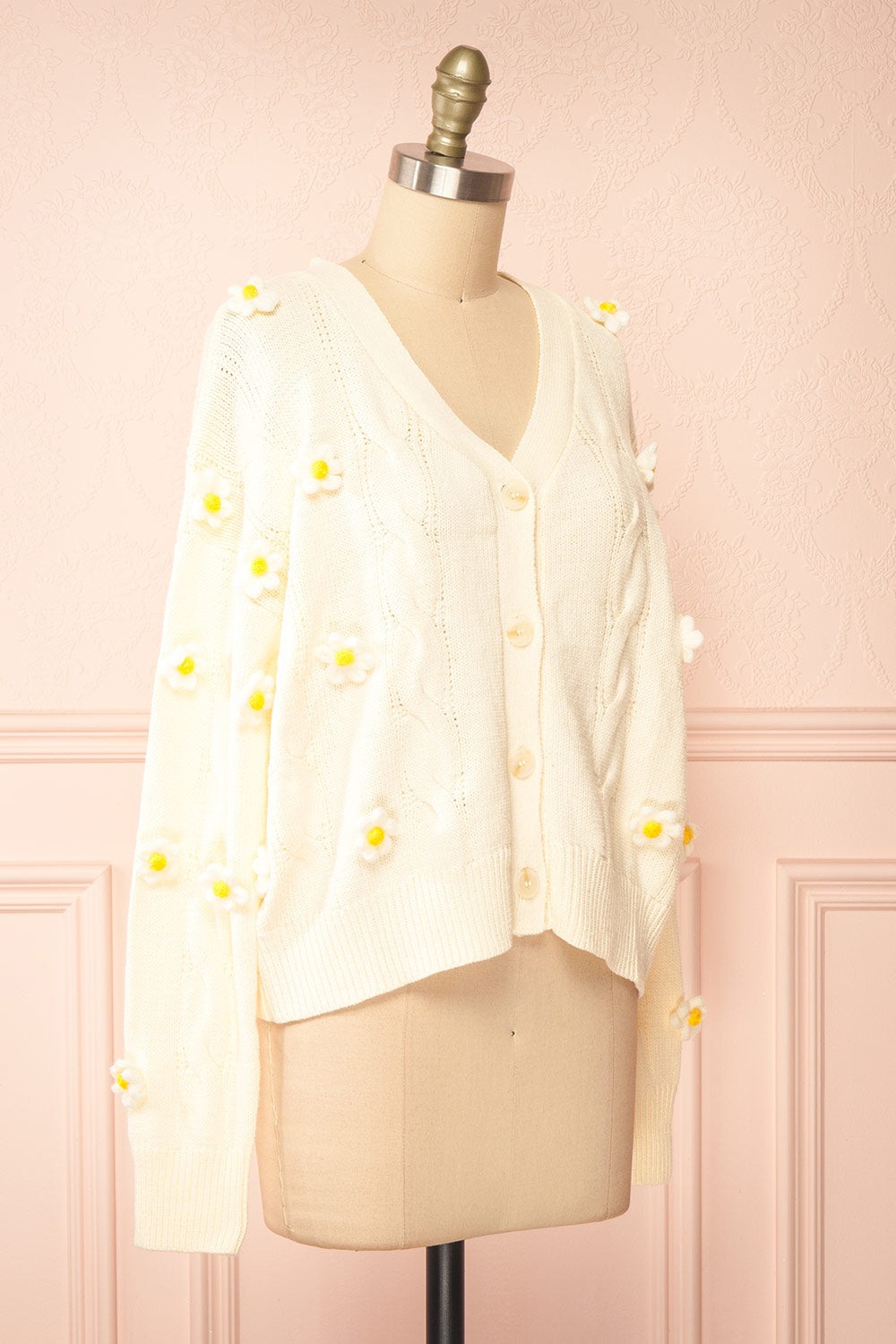 Sweetie Cream Cardigan w/ 4D Daisies | Boutique 1861 sid eview
