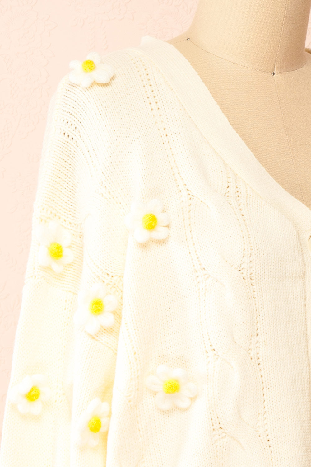 Sweetie Cream Cardigan w/ 4D Daisies | Boutique 1861 side close-up