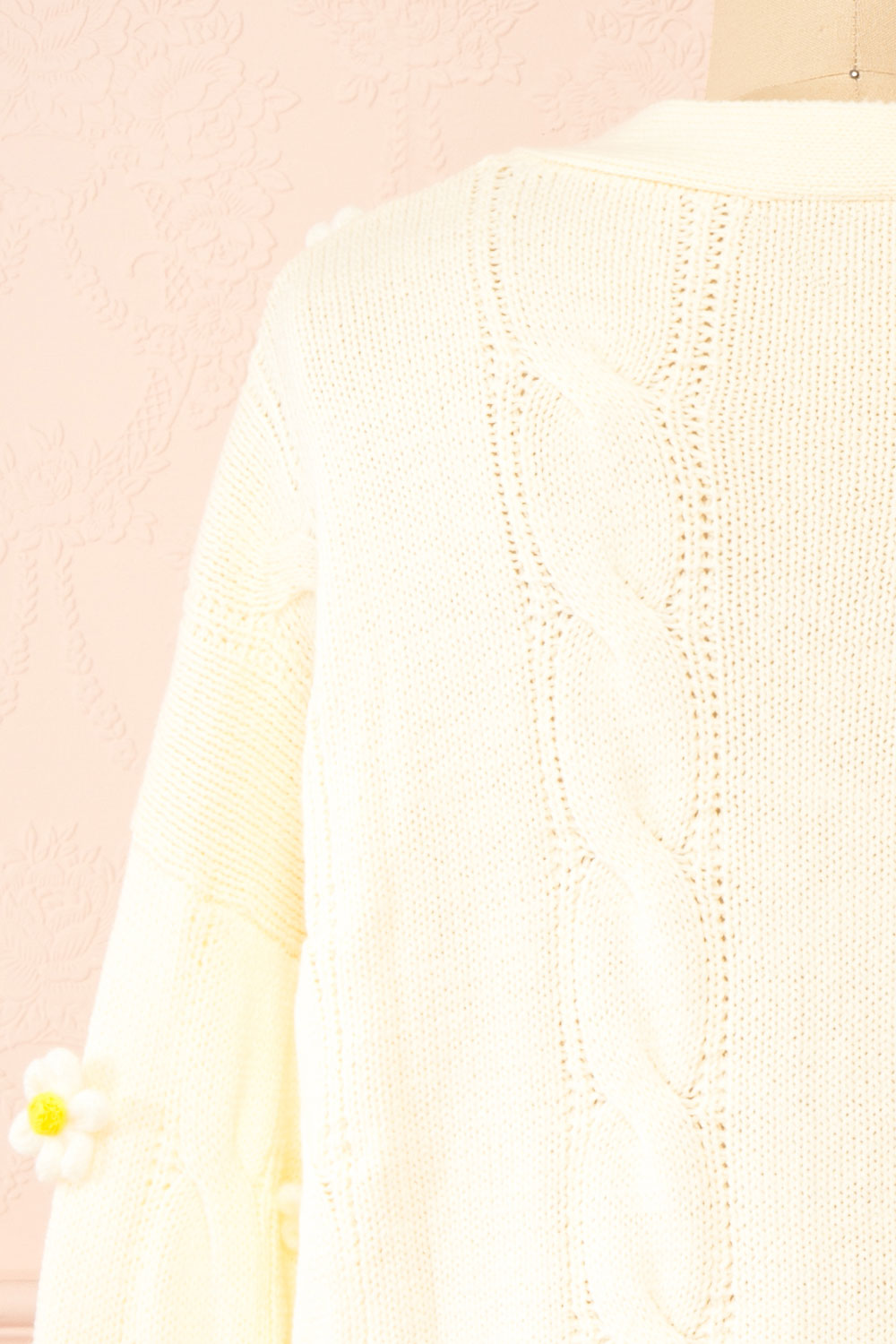 Sweetie Cream Cardigan w/ 4D Daisies | Boutique 1861 backc lose-up