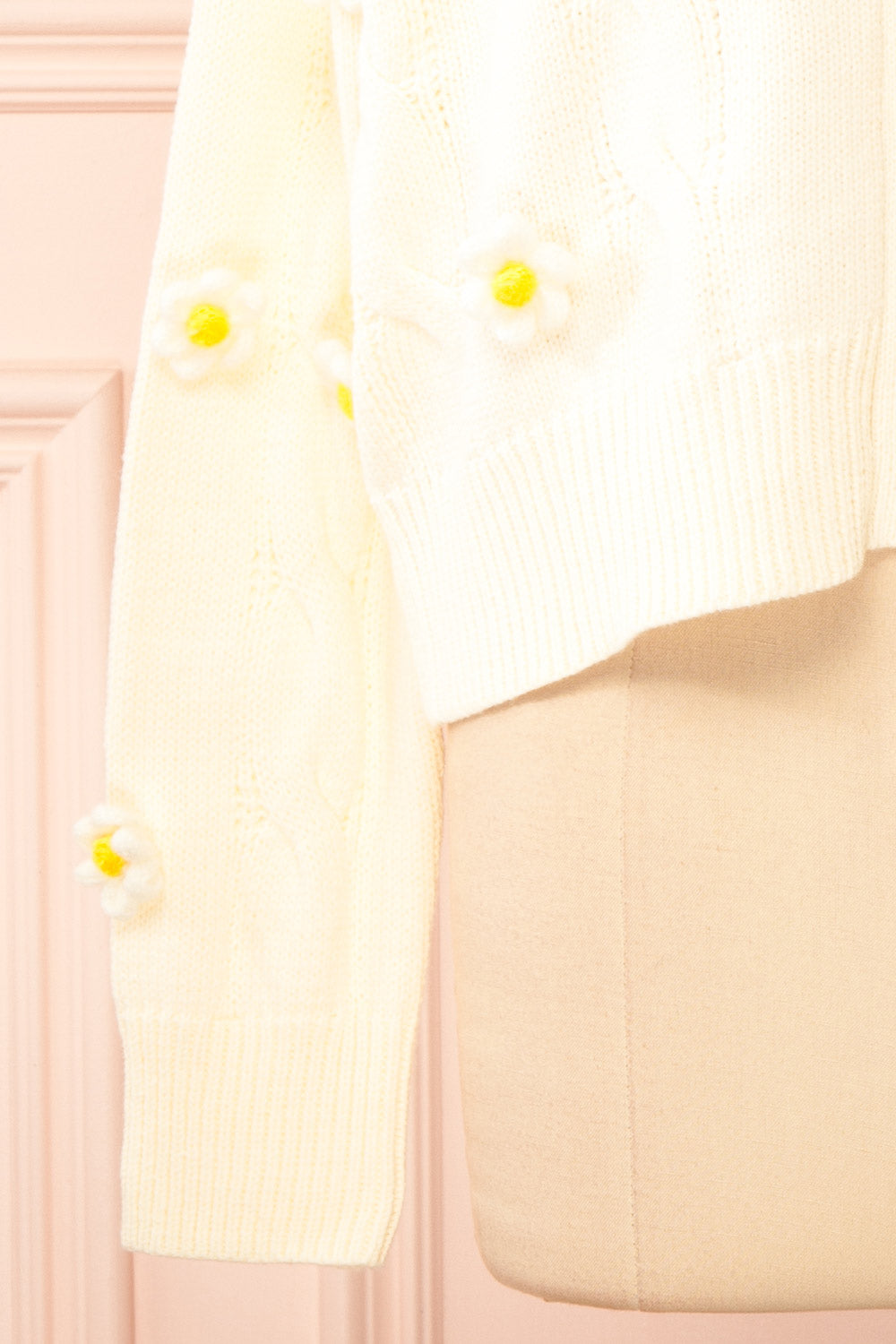 Sweetie Cream Cardigan w/ 4D Daisies | Boutique 1861 sleeve close-up