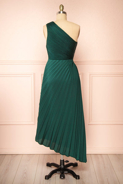 Swifty Green Asymmetrical Pleated Satin Dress | Boutique 1861  back view