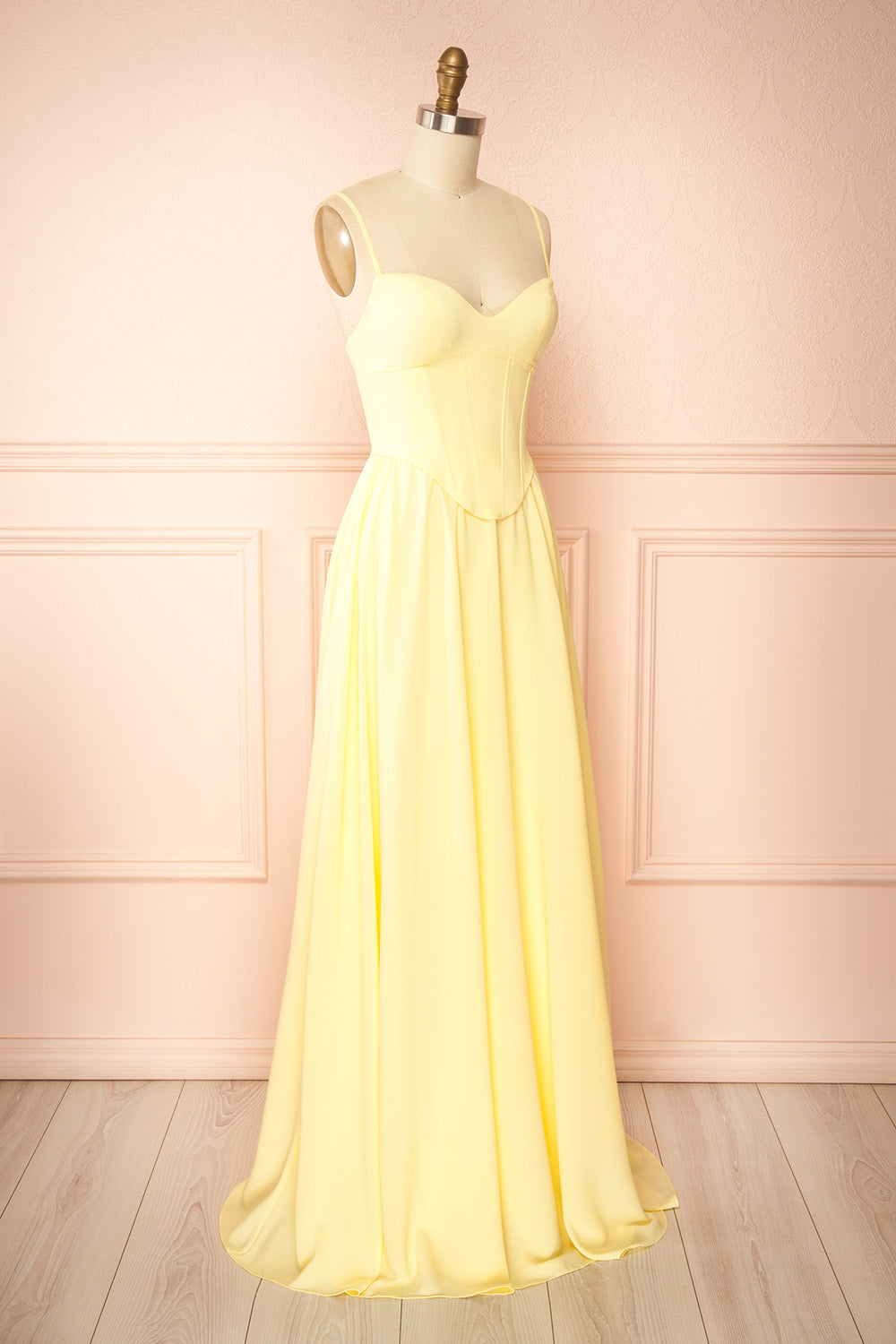 Syana Light Yellow Long Chiffon Corset Dress with Scarf | Boutique 1861 side view